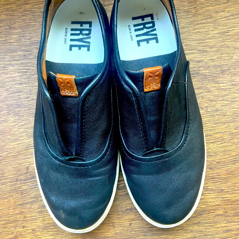 Black Leather Frye Slip-Ons